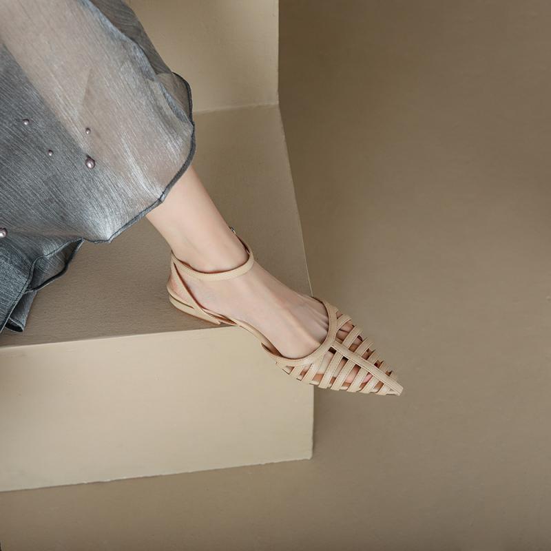 2025 spring and summer new French temperament literary retro pointed low thick heel Roman sandals women's pig cage shoes summer