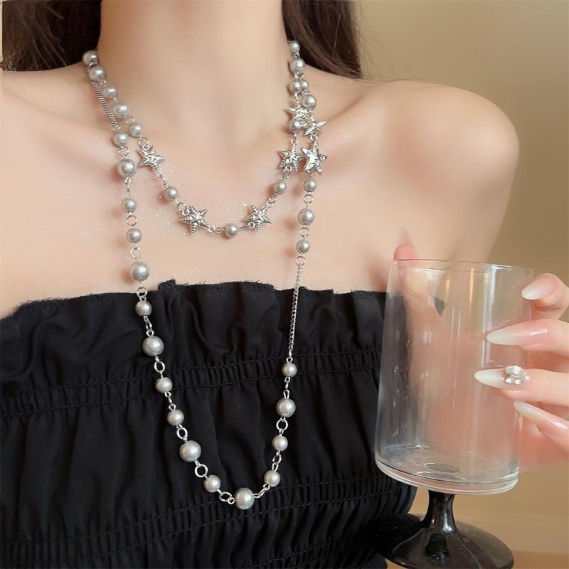 Collar de Perlas de Imitación Gris Plateado para Mujer Cadena Larga para Suéter Collar Apilado Joyería de Lujo para Clavícula Accesorios