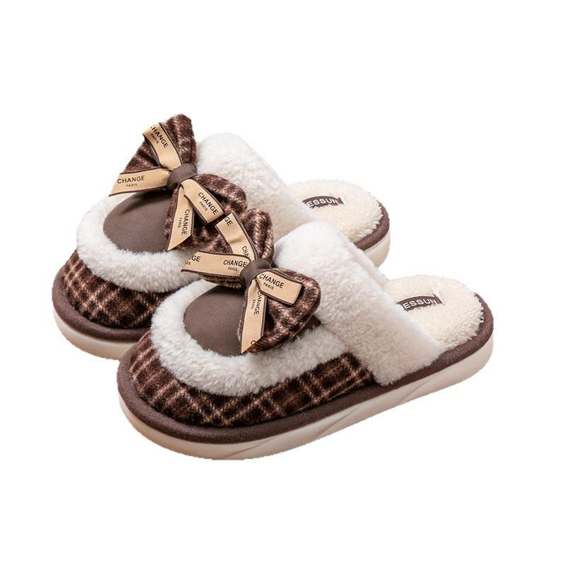 New winter warm women's bow cotton slippers warm and non-slip indoor home thick-bottomed fluffy slippers