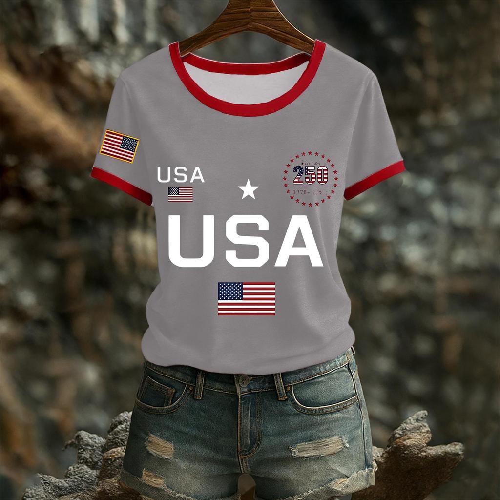 Women's Casual Round Neck Short Sleeve Pullover Printed T-Shirt Top
