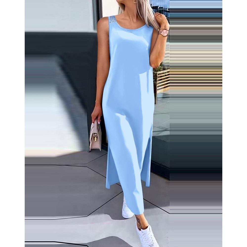 

IHUASU Summer Simple Solid Color Back Lace Sleeveless Dress for Women XXL синий