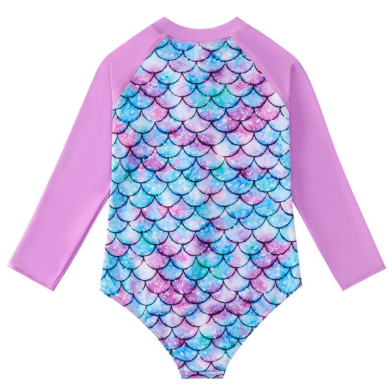 Girls' Long-Sleeve Mermaid One-Piece Swimsuit - Quick-Dry, Sun Protection