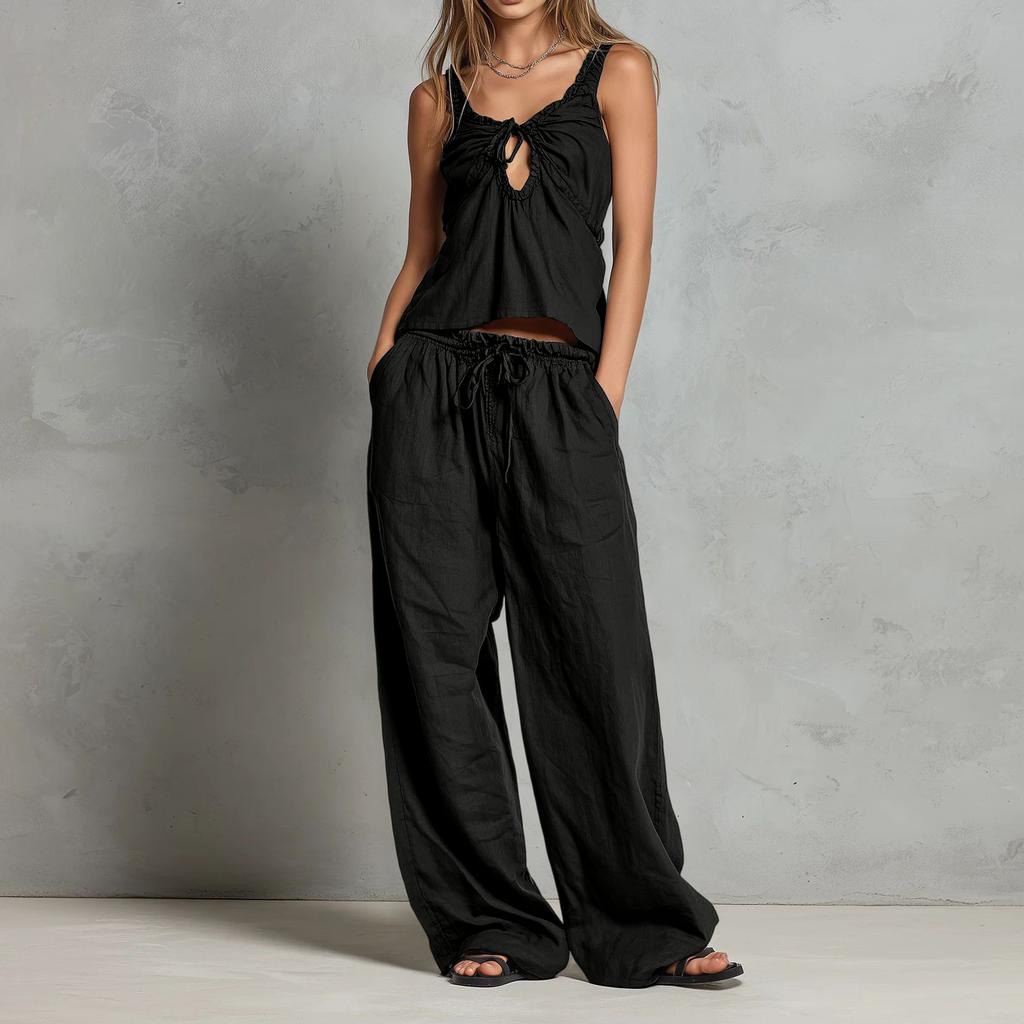 Women Casual Two Piece Set Sleeveless Drawstring Tank Top Loose Fit Wide Leg Pants Summer Outfit Lightweight Breathable Fabric