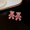 Silver Needle with Diamonds Flocked Bear Earrings Cartoon Cute Pink Girl Heart Sweet Stud Earrings Niche Design Earrings