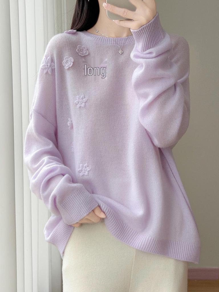 Women's Pure Wool Heavy Embroidery Knit Sweater - Autumn/Winter Loose Casual Round Neck Top