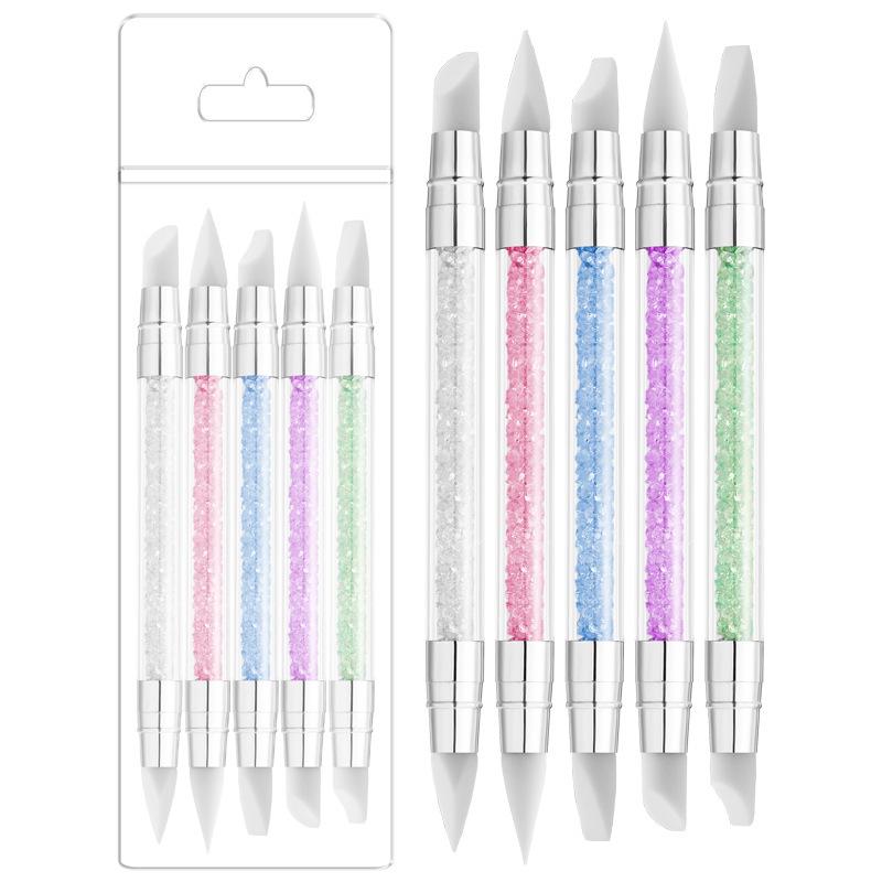 Nail Art 5-Piece Set: Double-Headed Silicone Pens, Carving Tools, Mixing Sticks, and Soft Embossing Brushes