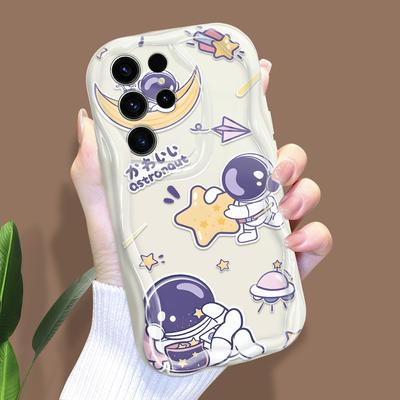 Lovely Cartoon Astronaut Phone Case for Iphone 15 14 13 12 11 Samsung Galaxy A52 Xiaomi Redmi 14 13C Cream Texture Casing Wavy Edge Soft Cover