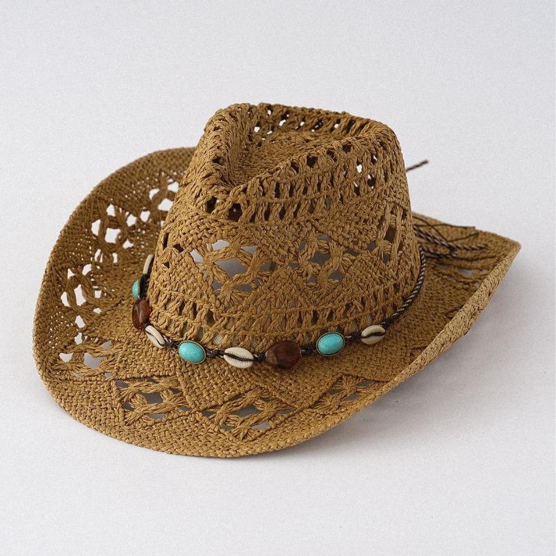 Unisex Hollow Out Woven Straw Cowboy Hat With Turquoise Shell Bead Band