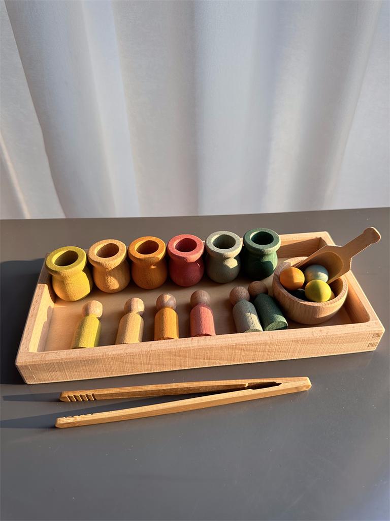 Beech Wooden Rainbow Sorting Toys Early Learning for Kids Pastel Pot Peg Dolls with Balls