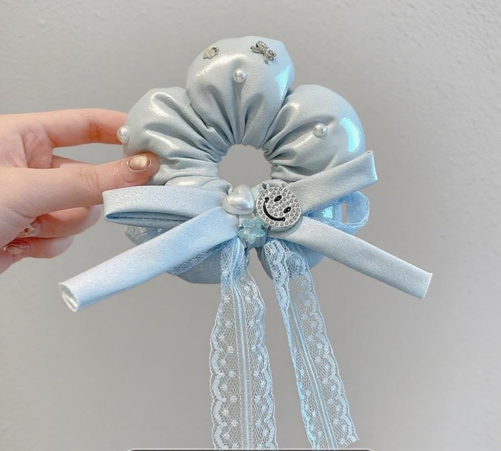Korean-Style Floral Ribbon Scrunchie for Women – Cute Hair Tie and Accessories синий