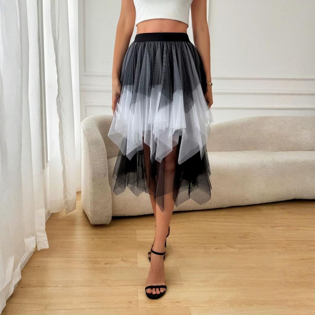 Gonna midi in tulle a vita alta da donna con orlo irregolare, a balze sovrapposte, a rete, linea ad A