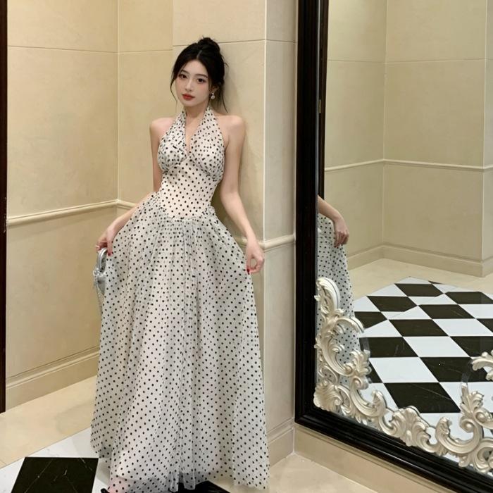 2026 New Summer Large Size French V-Neck Polka Dot Neck Dress Women s Halter Temperament Waist Holiday Dress S