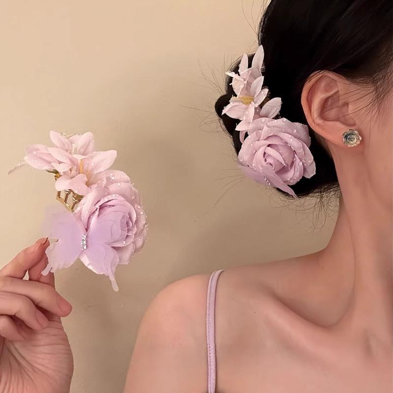 1Pcs Elegant Floral Hair Claw Clips For Women Spring Summer Rose Butterfly Hair Clips Beach Vacation Hairpin Hair Accessory