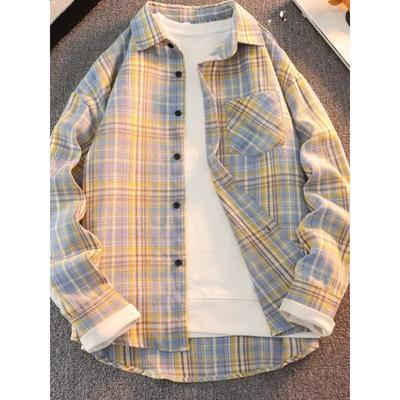 Retro Japanese Plaid Long Men's Casual Loose Fit Spring Autumn Wear for Students and Couples Youth