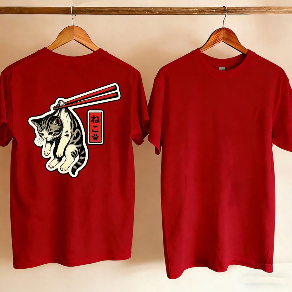 Unisex Vintage Japanese Tabby Cat Hang By Chopsticks Kanji Graphic TShirt Retro Ukiyoe Style Funny Kitten Print Casual Cotton Top