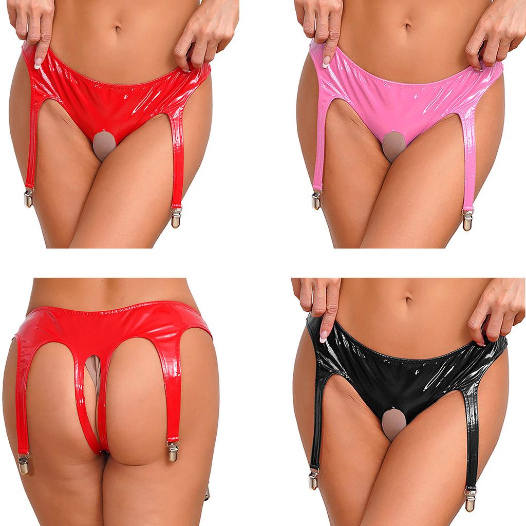 Women Patent Leather Underwear Glossy Thong Garter Clips Open Crotch Design Club Lingerie Night Out