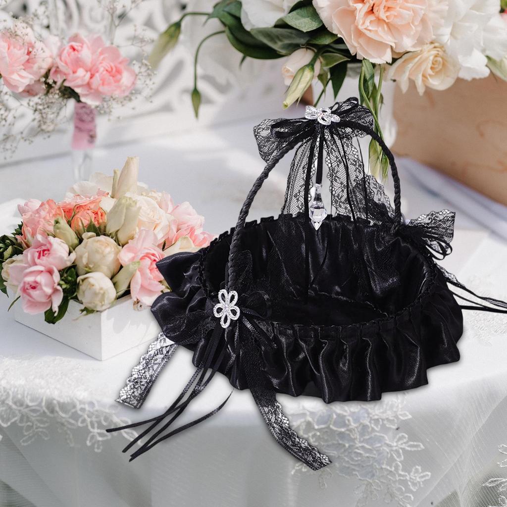 Bröllopsblomsterflickekorg Svart Tyg och Spets Lättviktig Brudaccessoar Förvaring Elegant