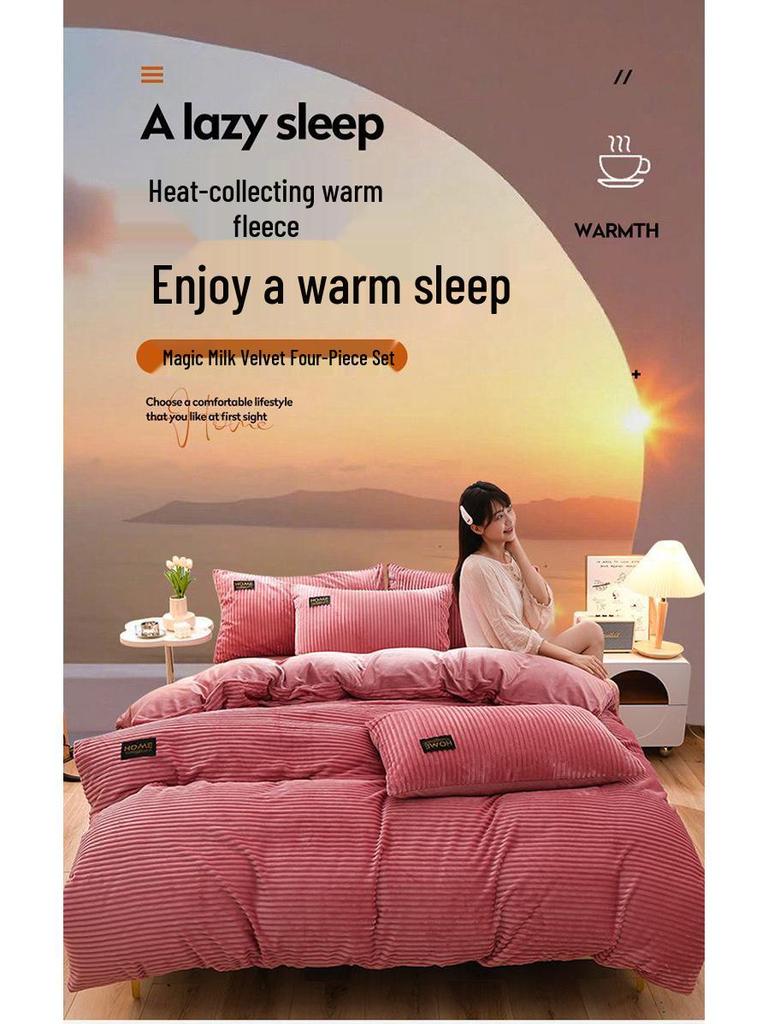 Dickes Winter-Korallenfleece-Bettdecken- und Bettlaken-Set - 4-teilige Samt-Bettwäschekollektion