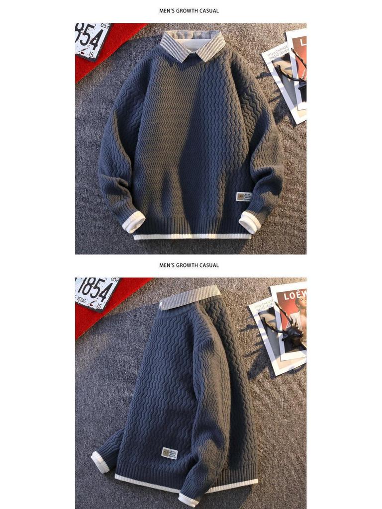 2024 Men's Autumn/Winter Loose Knit Sweater with Shirt Collar, Plus Velvet Two-Piece Look