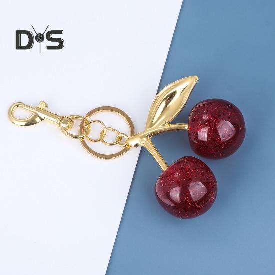 Keychain Bag Charm with Golden Shimmering Resin Cherries Hypoallergenic Steel Key Pendant Bag Wallet Accessory