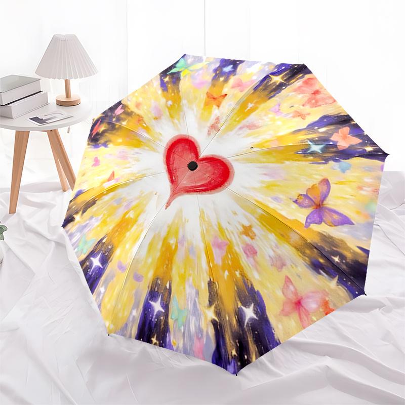 Colorful Butterfly Heart Automatic Opening Folding Umbrella - 8 Bone Iron Frame, Suitable for Fans, Travel, Daily Use, Festive Gift1121001a