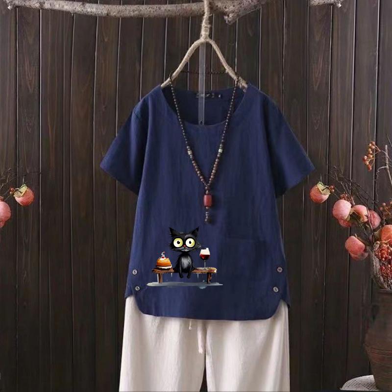 

2025 Лето Новая женская футболка из хлопка и конопли с V-образным вырезом и принтом кота - Everyday Essential 4XL темно-синий