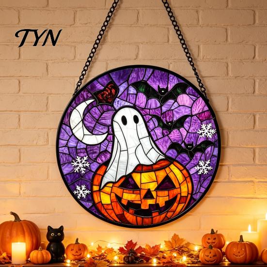 Seasonal Decorative Disc Retro Halloween Pendant, Ghost/Bat/Spider Web/Pumpkin Head Print, Door Handle Welcome Sign Vintage Acrylic Hanging