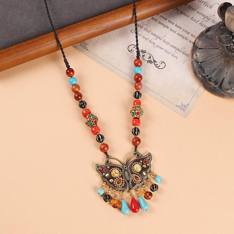 Original Design Nepalese Butterfly Necklace Vintage Clavicle Chain Exotic Style Tassel Frontier Tibetan Headdress