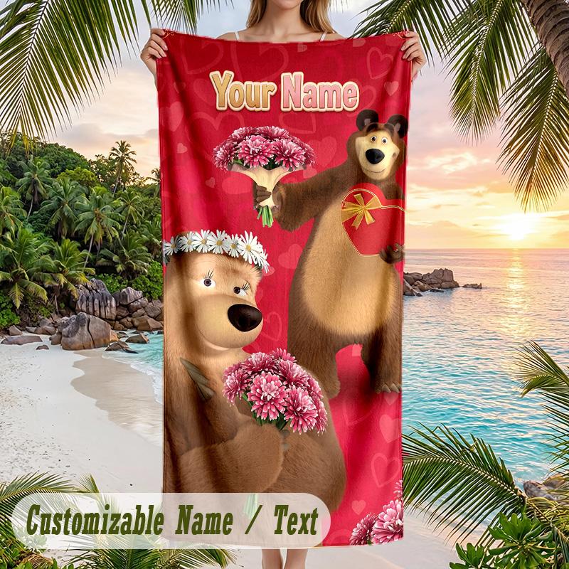 Masha and the Bear Beach Towel, Personalized Custom Text, Quick Dry Soft Large Towel For Swimming Pool Travel