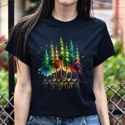 Mysterious Pine Tree Forest Color Splash Unisex T-shirt Black Navy Dark Heather