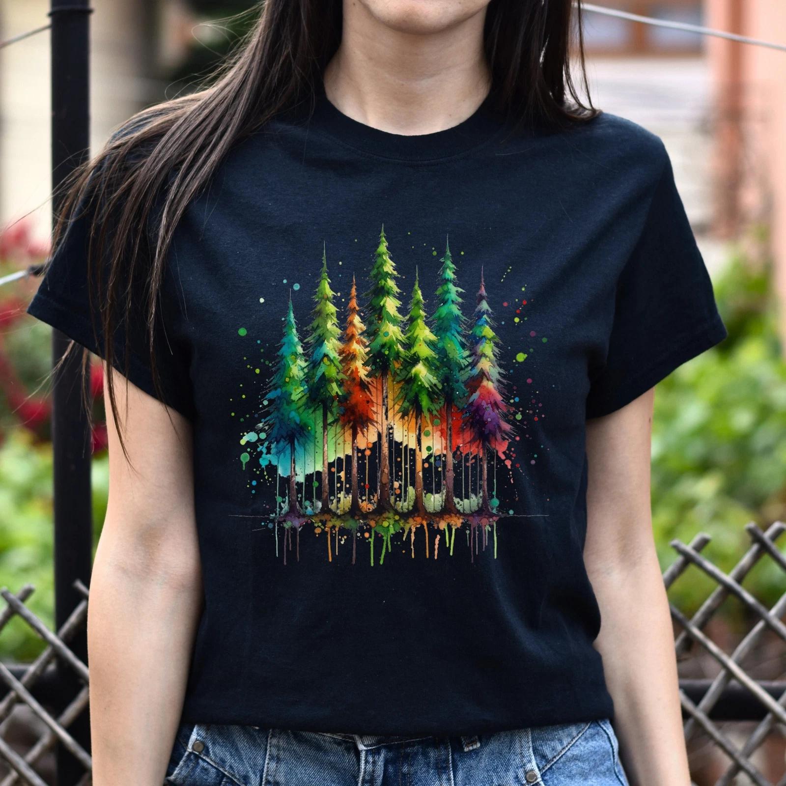 Mysterious Pine tree forest Color Splash Unisex T-shirt Black Navy Dark Heather L