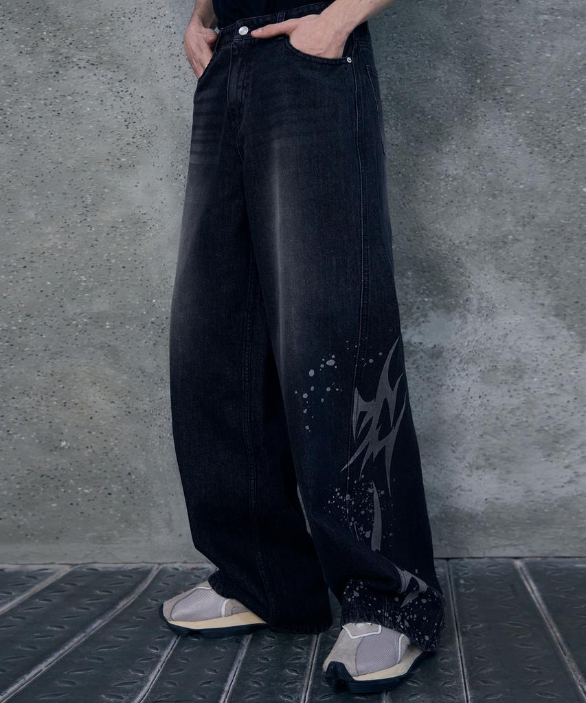 Ledeoli Graphic Print Wide Denim Pants [Black]