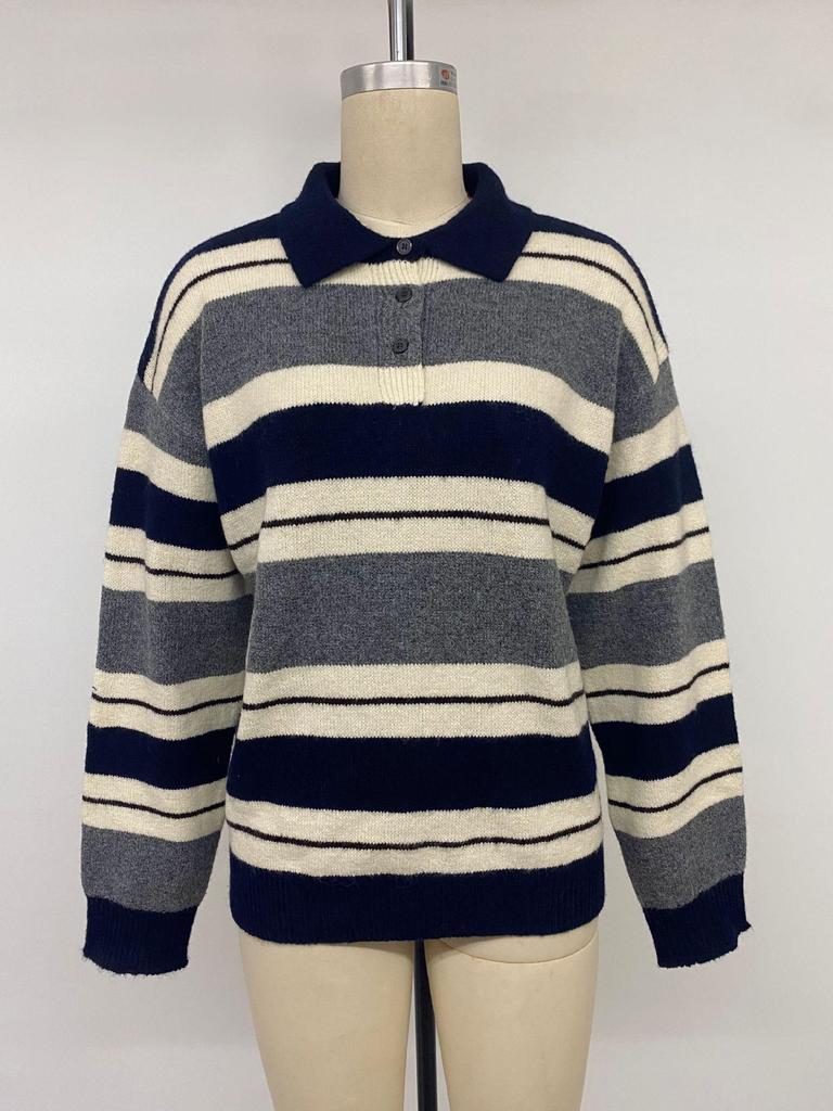 2026 Autumn/Winter Women's Color Block Striped Knit Sweater - Casual, Loose Fit with Lapel