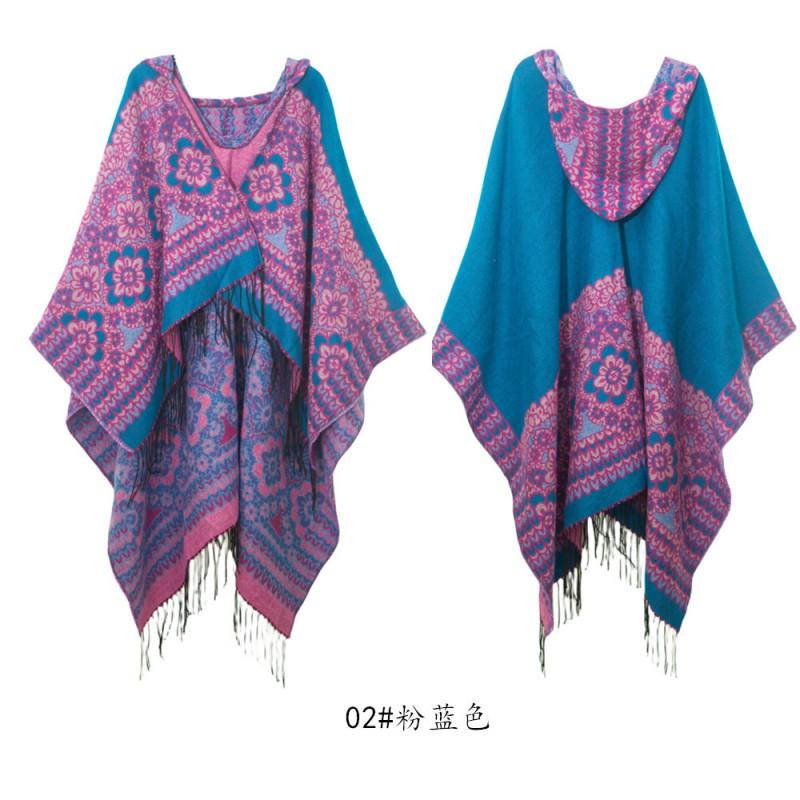 Womens Floral Jacquard Hooded Cape With Fringe Trim Warm Knit Shawl