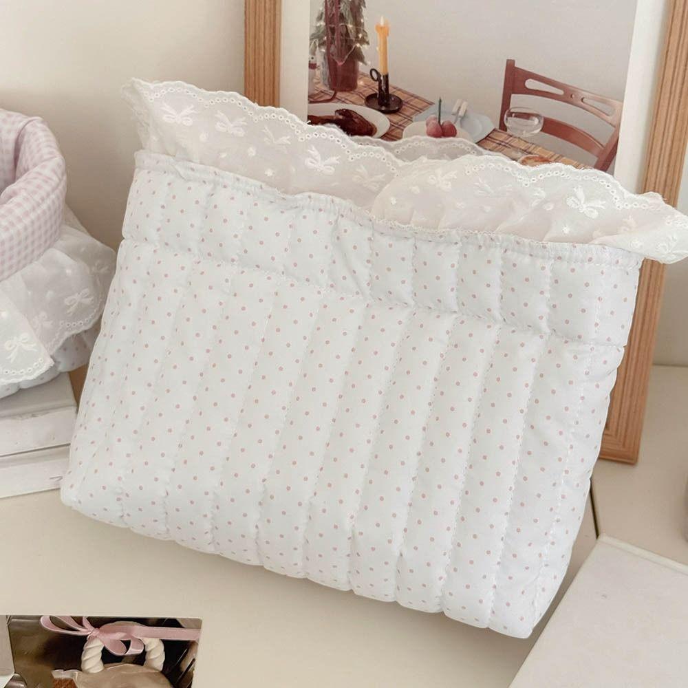 Cute Quilting Cotton Cloth Storage Basket Oval Lace Storage Box Foldable Pink Dots Organizer Box Organizer