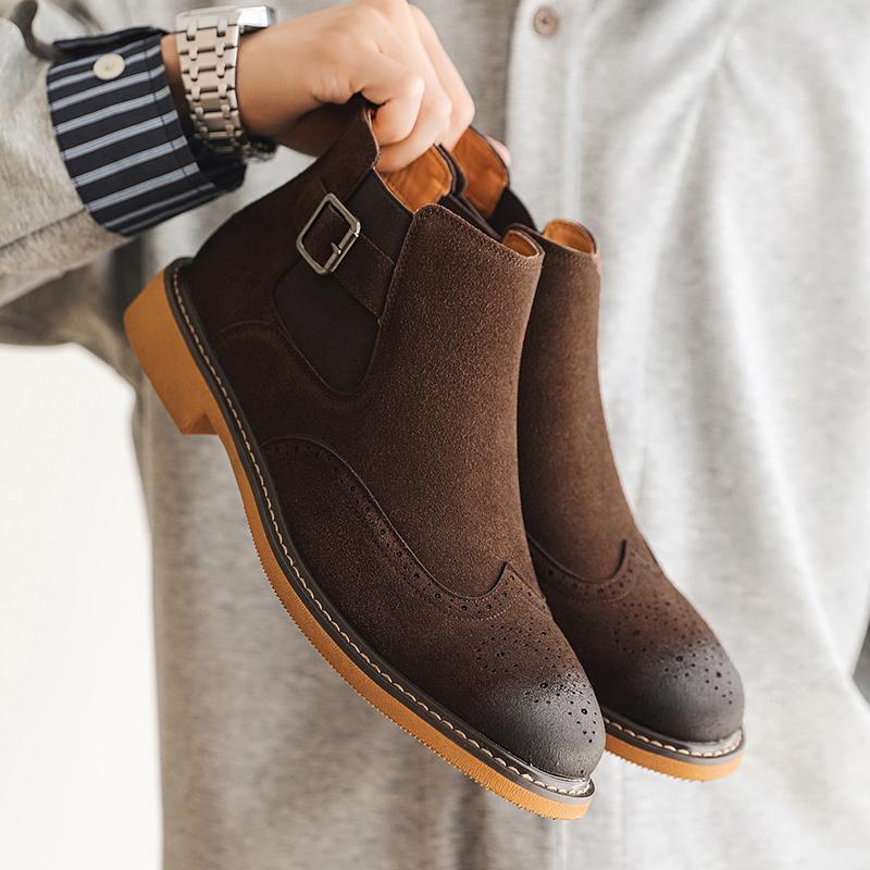 New Retro Style Chelsea Men Boots Carved Frosted Polished Colors Business Casual Belt Buckle Decorati Short Boots