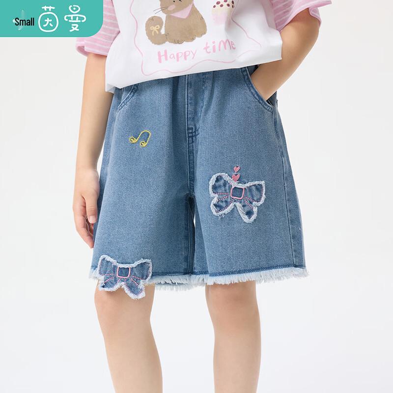 Xiaoyinman Girls Frayed Edge Loose Casual Denim Shorts with Bow Patch 150