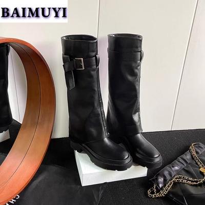 Trend Knee High Boots Chunky Women Shoes Winter 2025 New Leather Cozy Chelsea Boots Punk Gladiator Fashion Goth Snow Botas Mujer