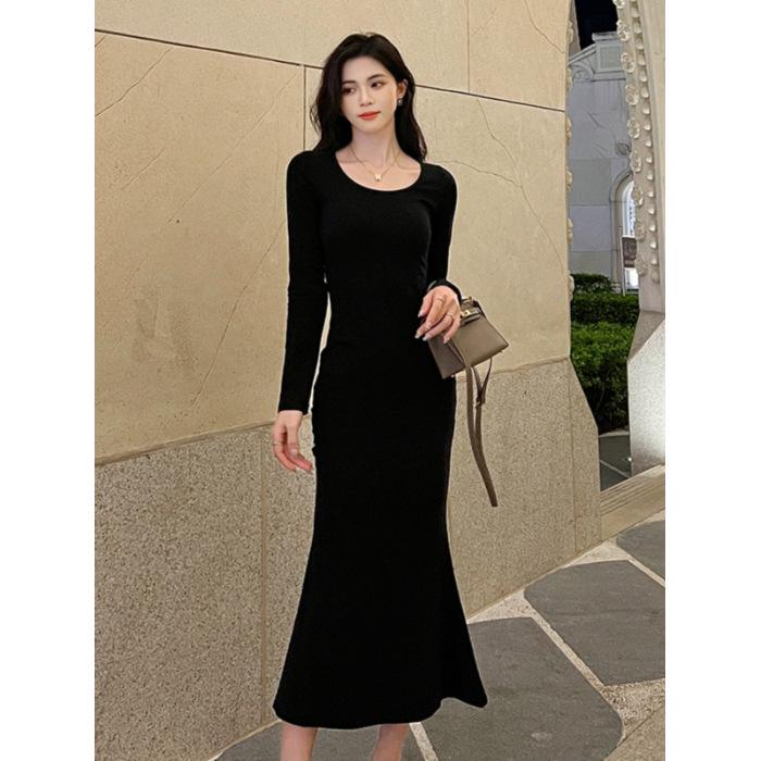 Elegant Women s Spring Mermaid Dress - Black Square Neck Slim-Fit One Size чёрный