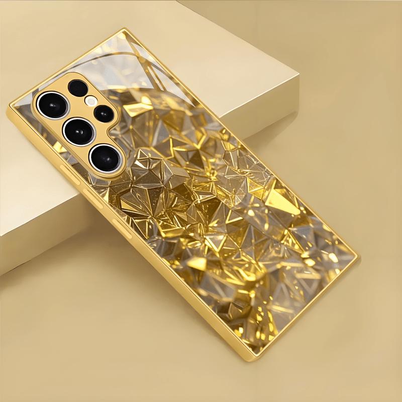Pozlacený kryt na telefon z tvrzeného skla, kompatibilní Galaxy S26 S25 S24 S23 S22 Ultra Plus. Obsahuje design se zlatými diamanty.