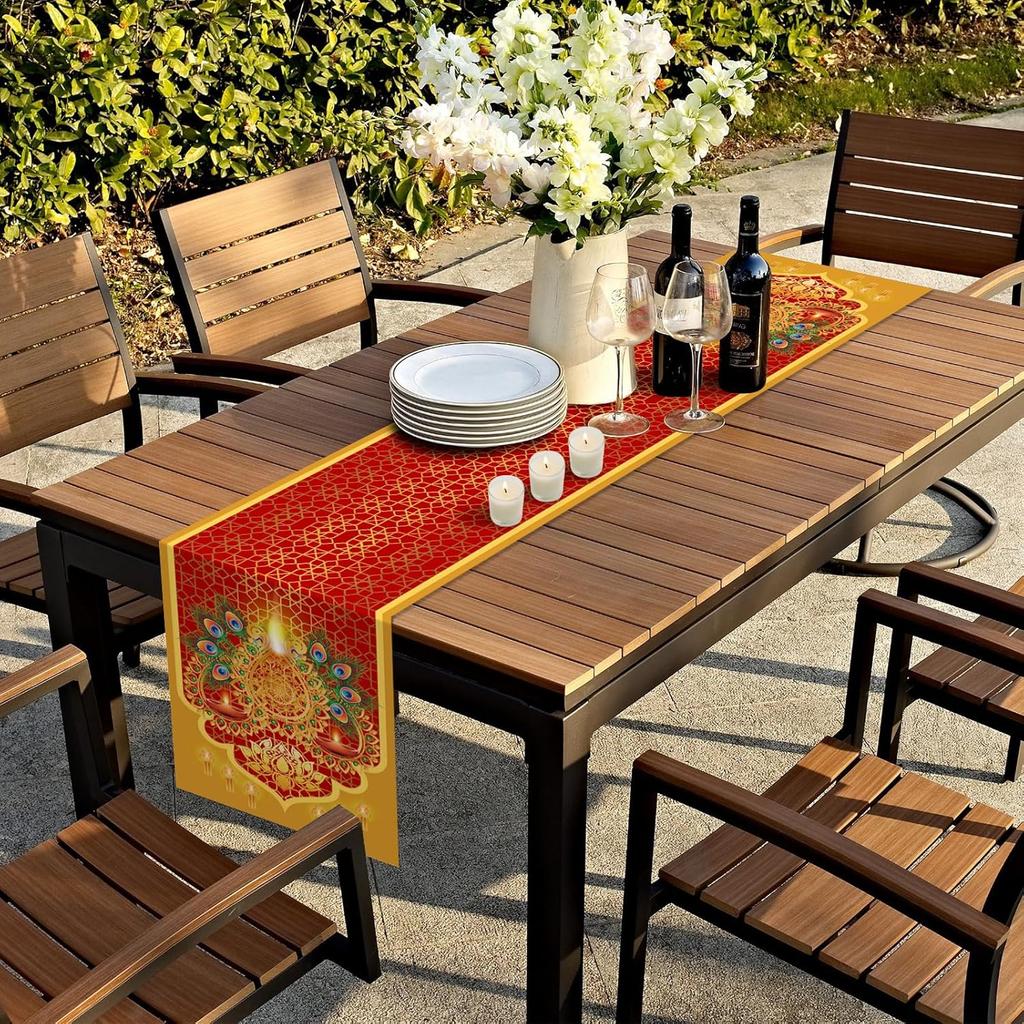 Diwali Table Runner,Red Gold Diwali Table Decoration India Deepawali Festival Table Runner Holiday Kitchen Dining Table Decoration for Home Party