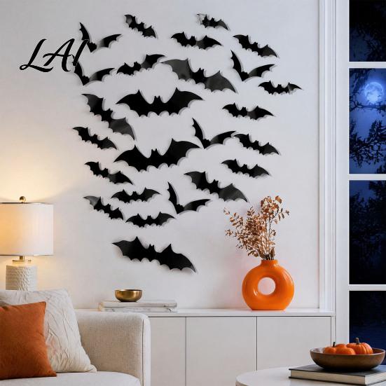 Halloween Bat Wall Stickers 3D Bats Decor Black Stickers Waterproof Shaped Art Scary Plastic DIY Room Decal for Indoor Party Supplies Outdoor Decor