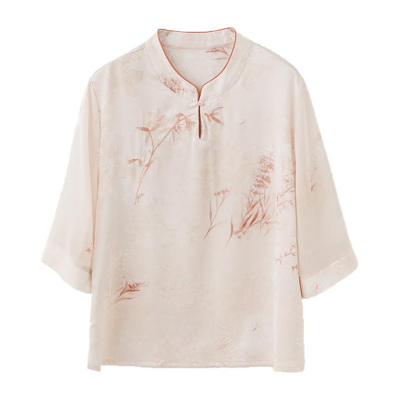 Elegant 2026 Summer Chinese Style Imitation Silk T-shirt with Gauze Sleeves for Middle-aged and Elderly Women