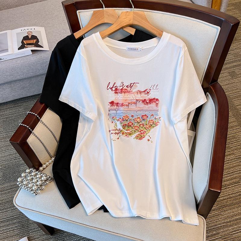 

Round Neck Plus Size Mid-Length Loose Short-Sleeve T-Shirt for Women (Sizes 200/300/350 jin) 5XL белый