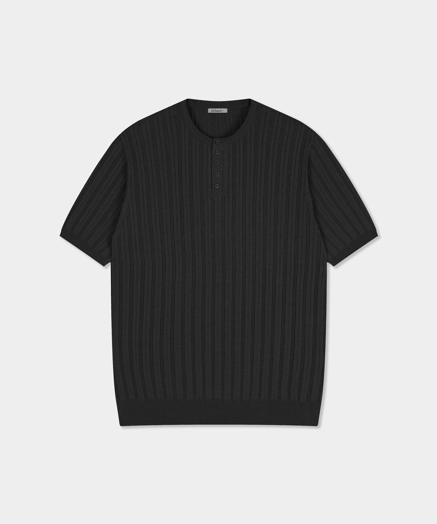 Vibrante Summer Washable Ribbed Henley Neck Knit - Black Black/S