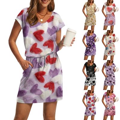 Women's V,Neck Short,Sleeve Drawstring Pocket Valentine's Day Print Casual Dress