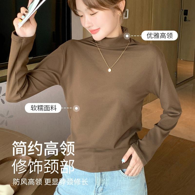 High-necked Micron Velvet Bottomed Shirt for Women's Autumn and Winter, Thickened Double-sided Abraded Stacked Collar Long-sleeved Top