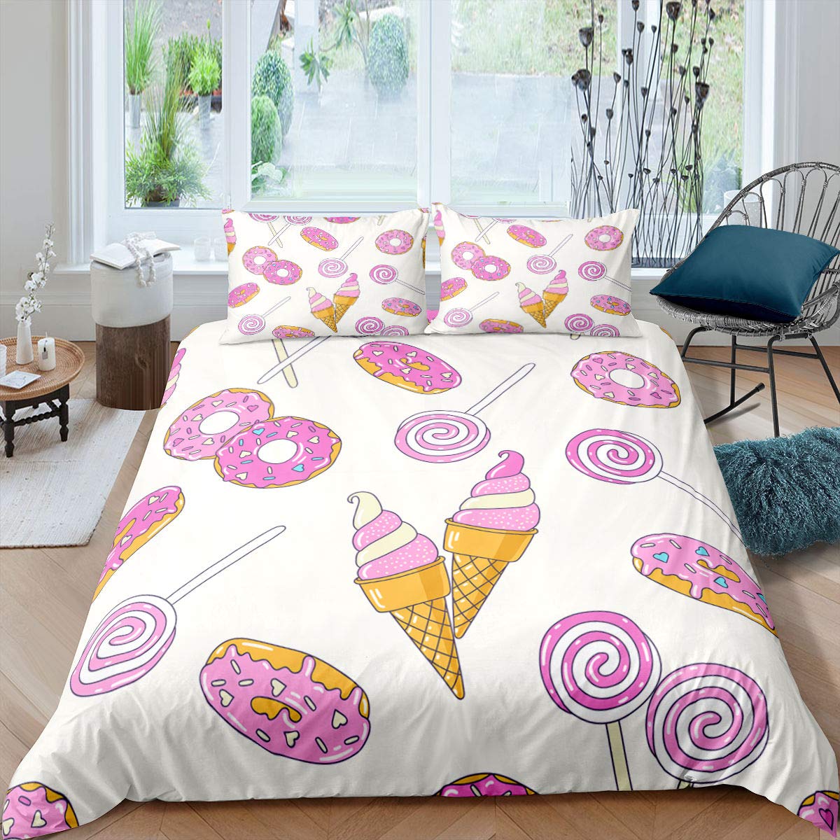 

Ice Cream Comforter Cover Kit Colourful Cartoon Cup Cake Cherry Lemon Fruit Bed Linen Kit Summer Vacation Style Cozy Comforter Cover EU single(135x200cm)