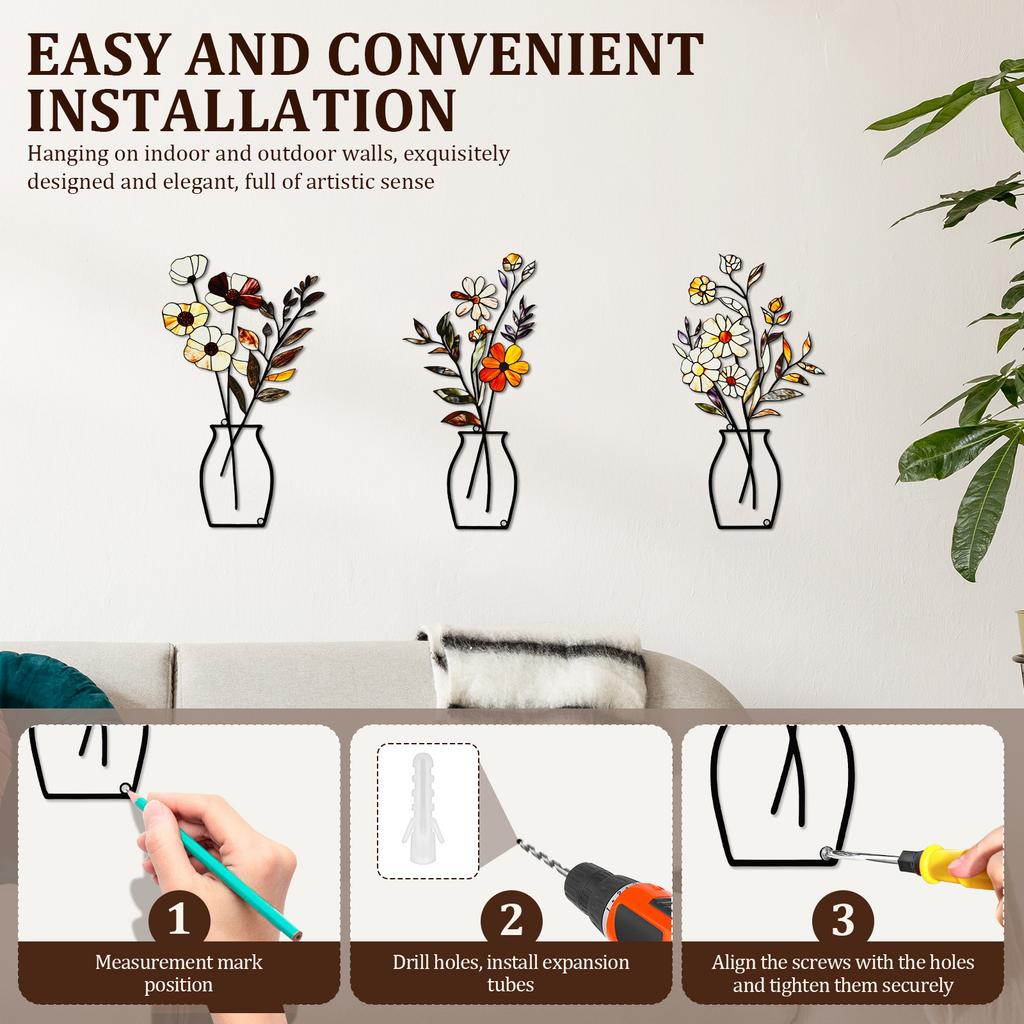 3Pcs Metal Vase Flowers Wall Arts - Rustic Farmhouse Décor Minimalist Flower Wall Pendants for Living Room Bedroom Housewarming