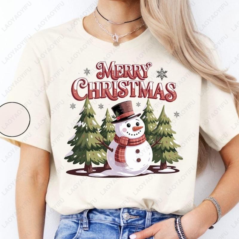 Snowman and Christmas Tree TShirt Cute Snowman Womans Shirt Christmas Tree Graphic Tees Winter Holiday Shirt Couple Tshirt S